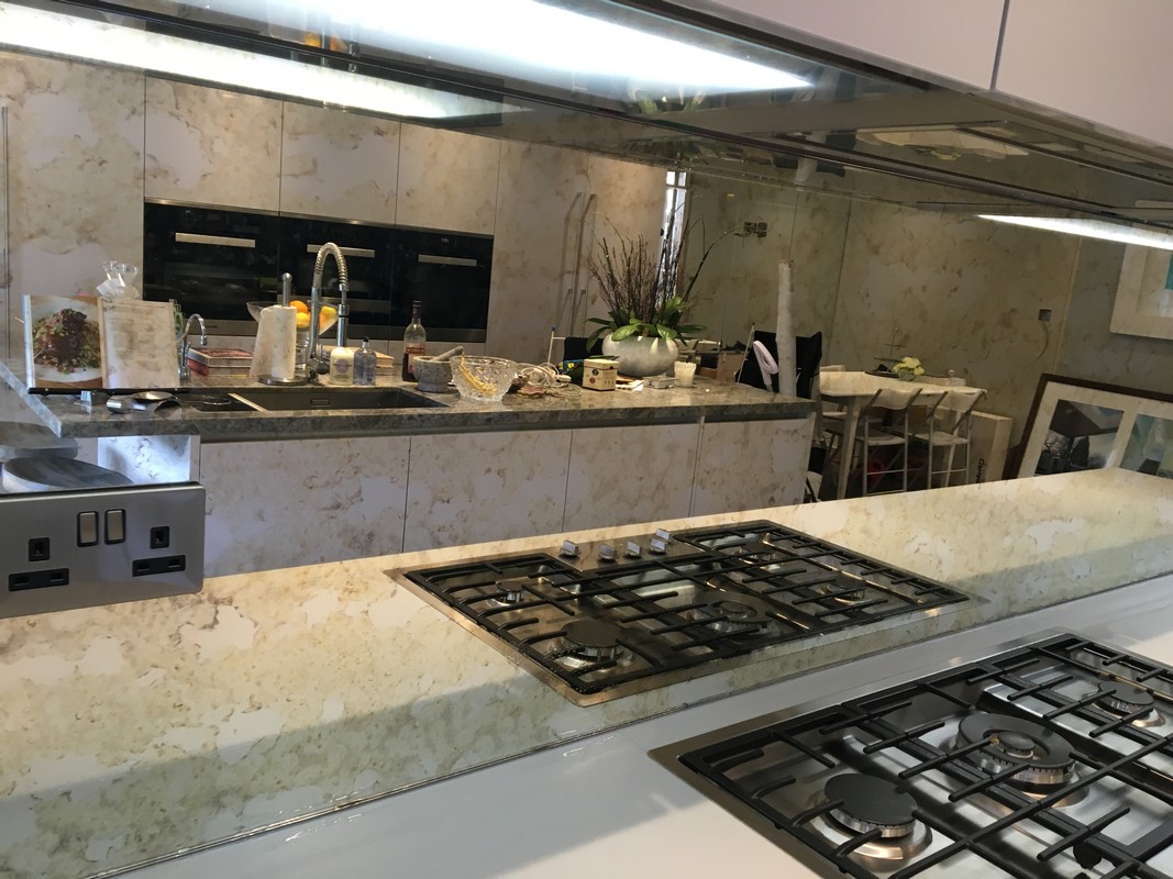 Mirror glass splashback in South Kensington luxury kitchen